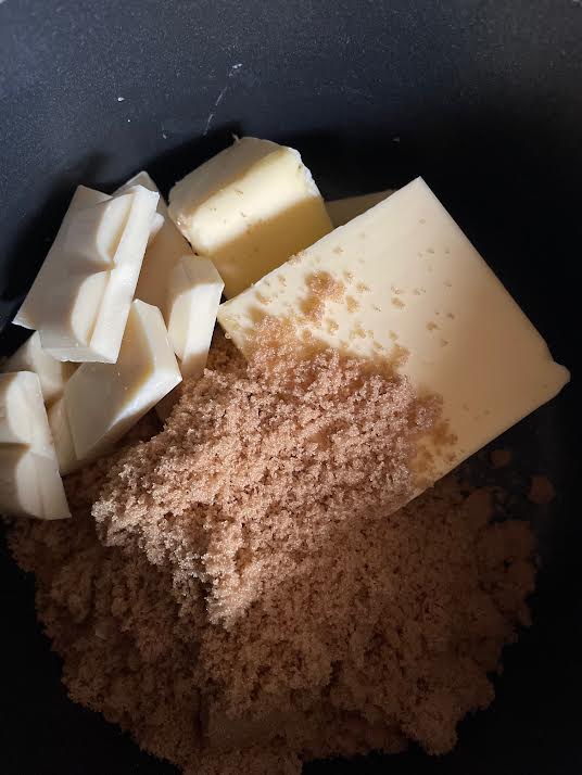 White chocolate, butter and sugar in pan