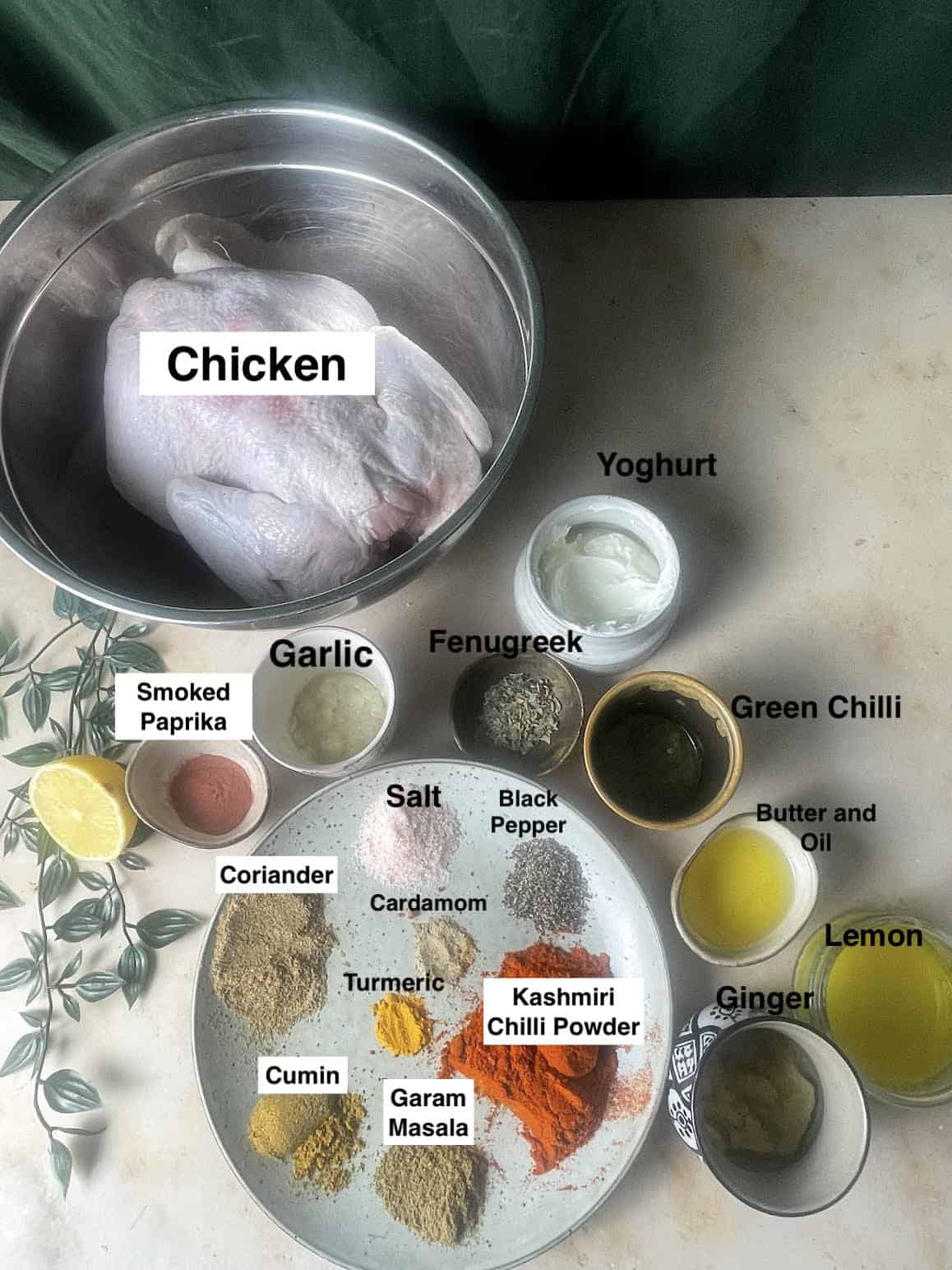 Ingredients for Air Fryer Roast Tandoori Chicken on table