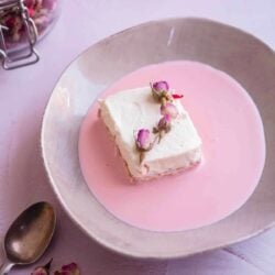 Rose milk shake cake in a bowl with syrup
