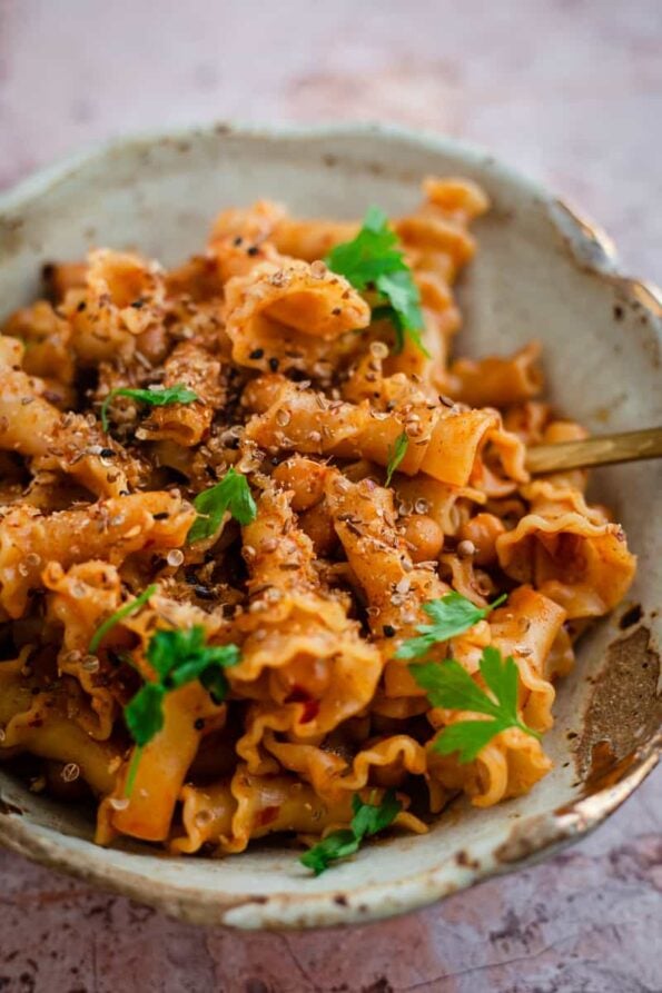 Gigli pasta with chickpeas in a bowl