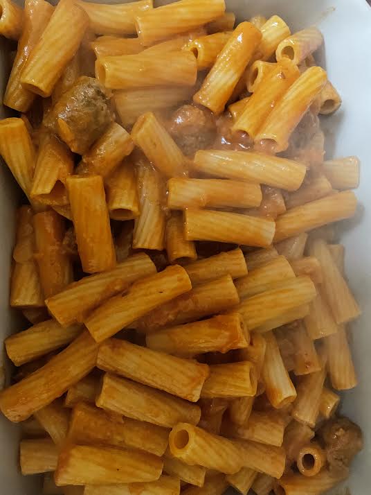 Pasta and sausages in pasta dish