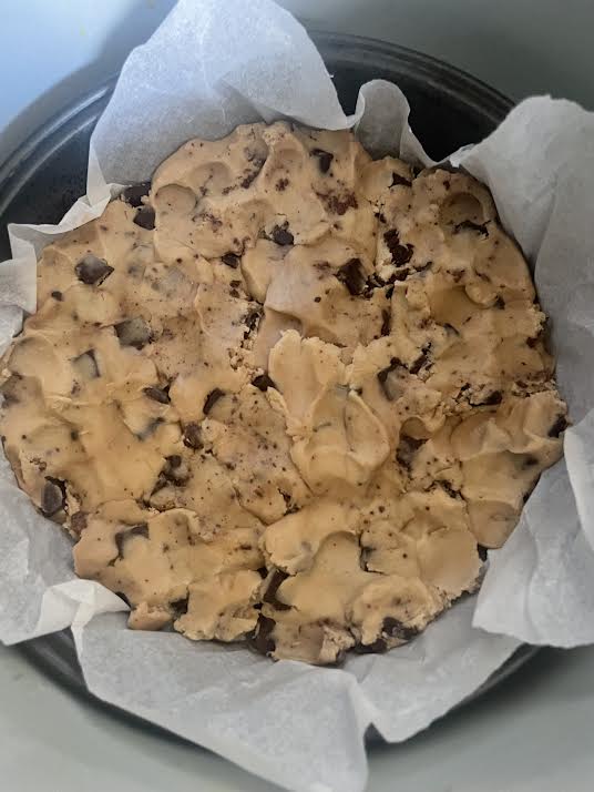 Chocolate Chip Air Fryer Cookie Dough in tin in air fryer
