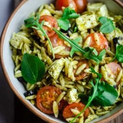 Orzo Pesto Pasta Salad in a bowl