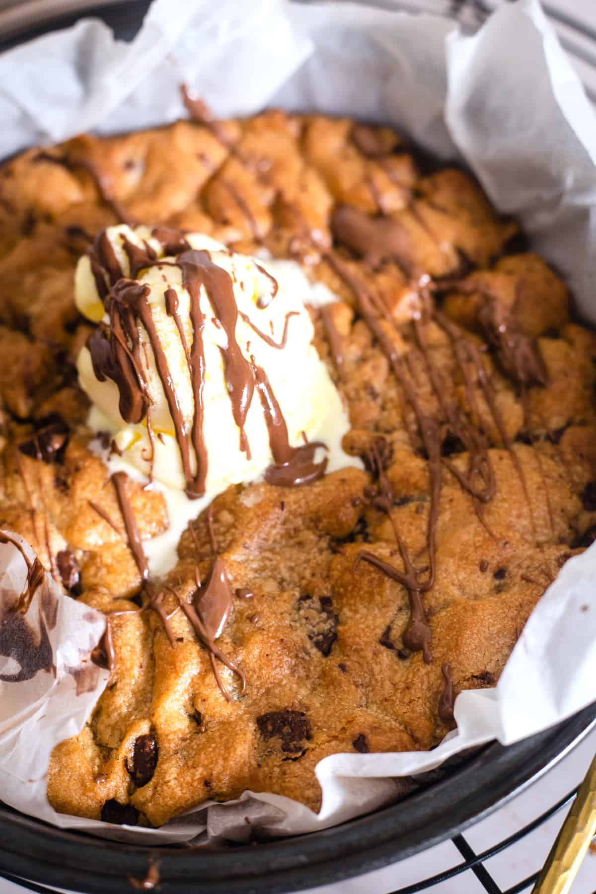 Chocolate Chip Air fryer cookie dough with ice cream on top