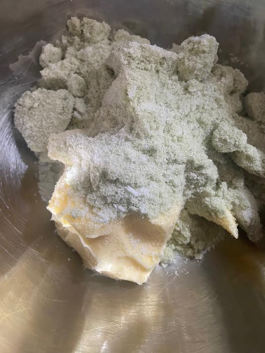 Mint, Lime Sugar and Butter in bowl of stand mixer