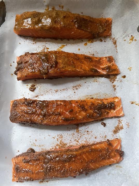 Jerk Salmon on a lined tray