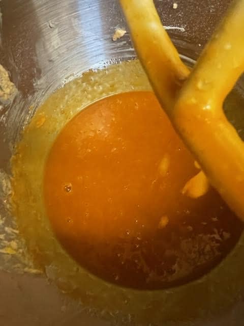 Pumpkin Puree batter in bowl of stand mixer
