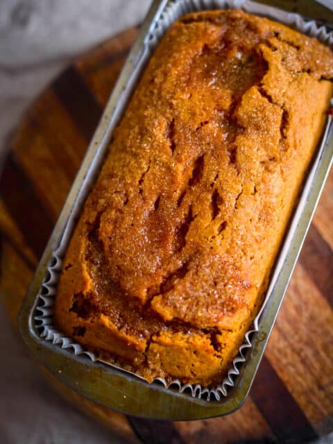 Pumpkin cake baked in a loaf tin