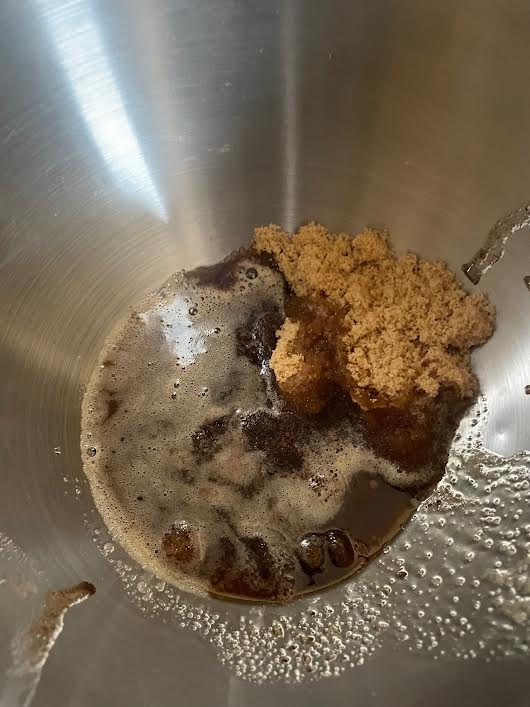 Brown Butter and Sugar in bowl of stand mixer 