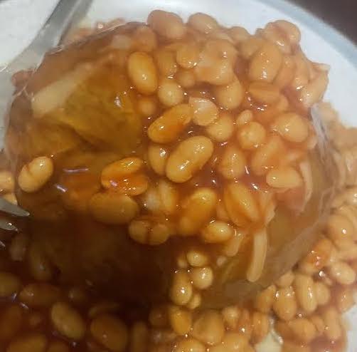 Jacket Potatoes with Cheese and Beans on plate