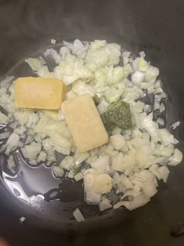 Garlic, Ginger adn Green Chilli added to Onions