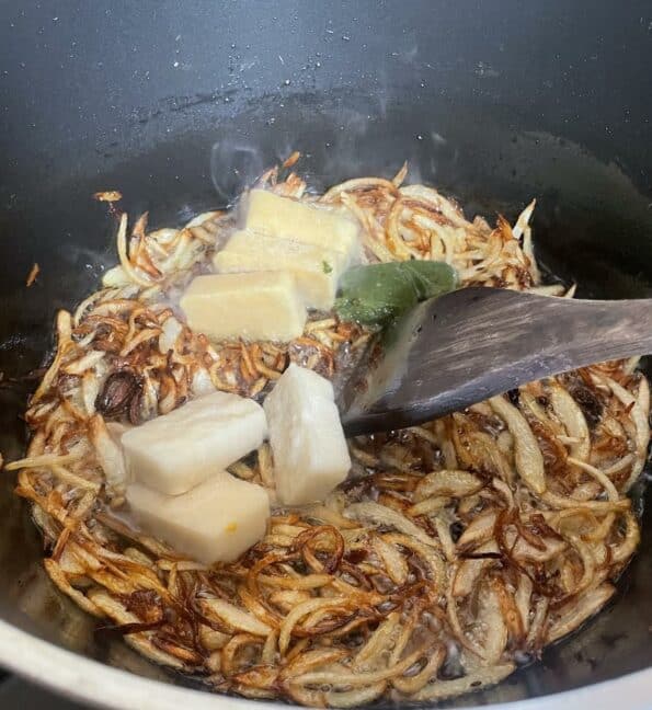 Browned Onion, Garlic, Ginger and Green Chilli in pot