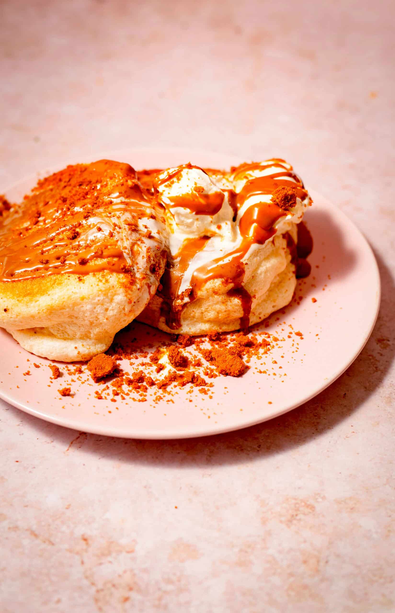 2 Souffle pancakes on plate with biscoff