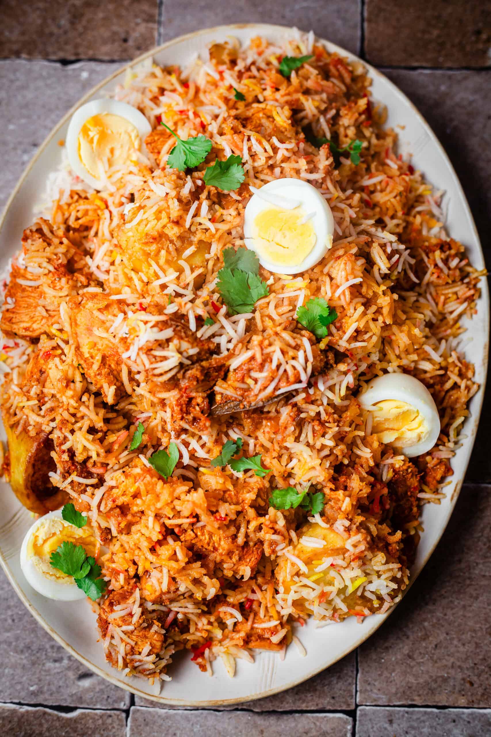 Chicken Tikka Biryani in a platter