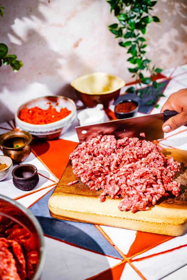 Coarse Lamb being chopped