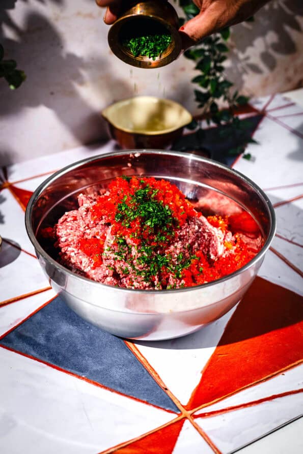 Parsley added to Lamb mince bowl