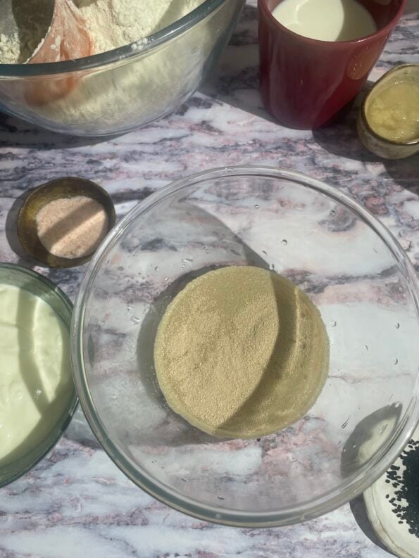 Yeast in bowl with water and sugar