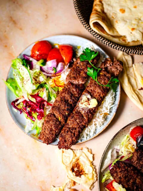 Kebab Koobideh in plate with veg and rice