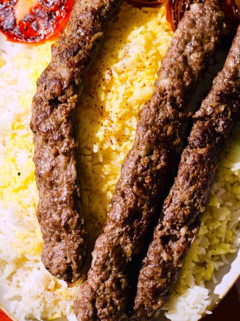 Kebab Koobideh on a platter with rice