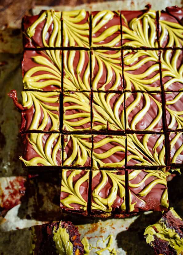 Pistachio Brownies cut into slices on table