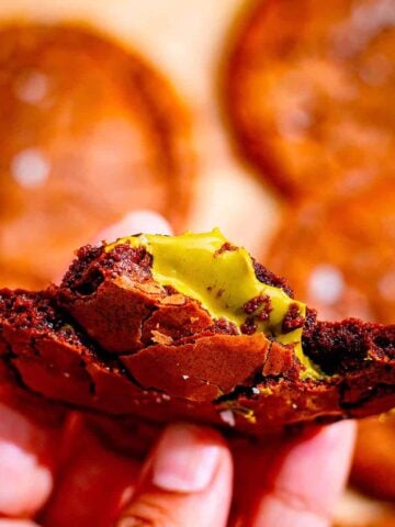 Pistachio Brownie Cookies showing Pistachio cream in middle