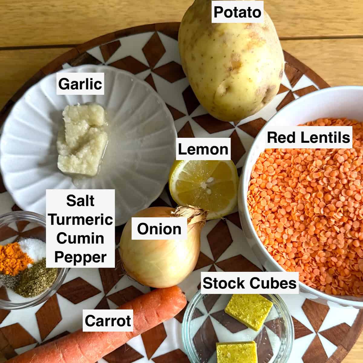 Shorbat Adas - Arabic (Middle Eastern) Lentil Soup Ingredients for shorbat adas on table