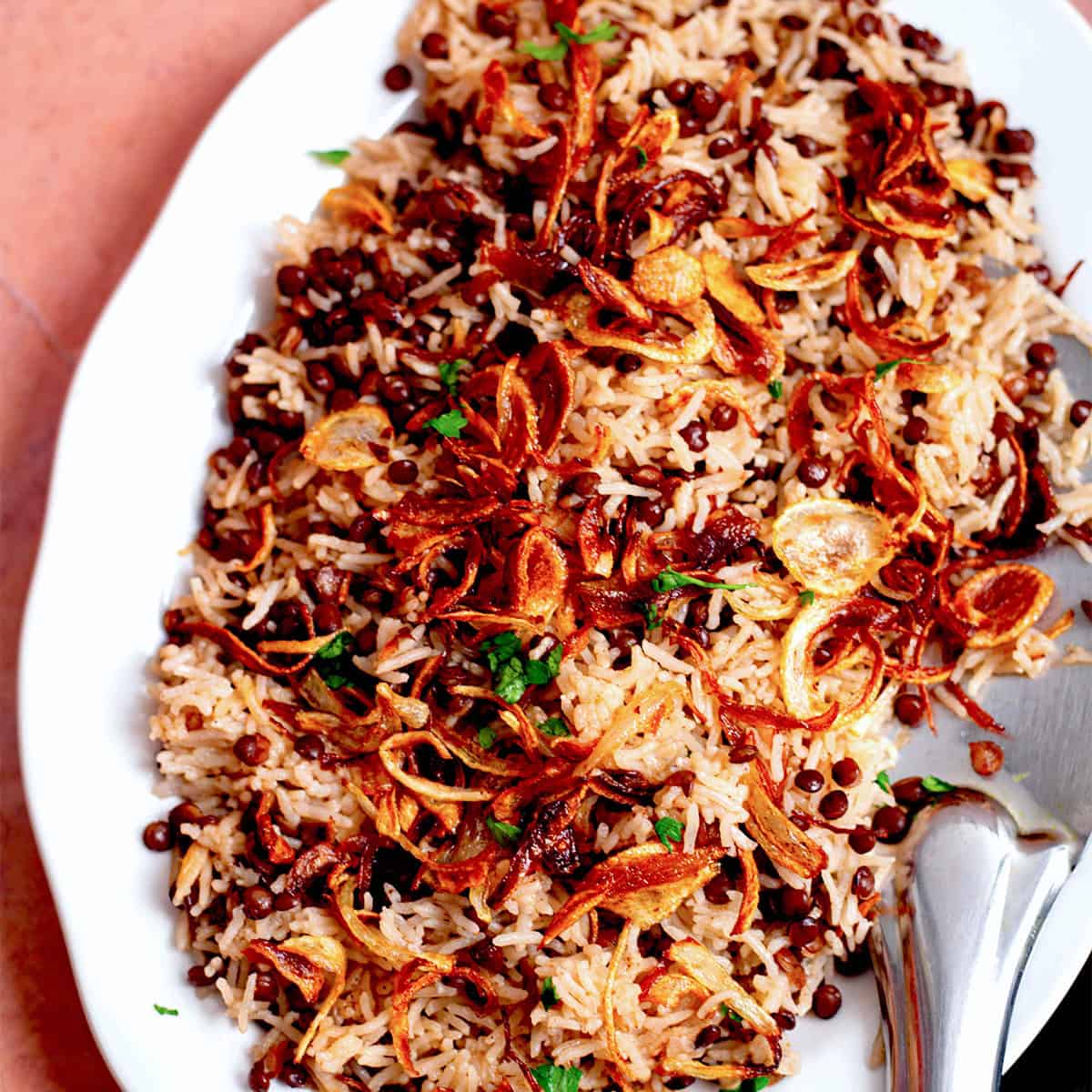 Lebanese Rice (Mujadara) on platter