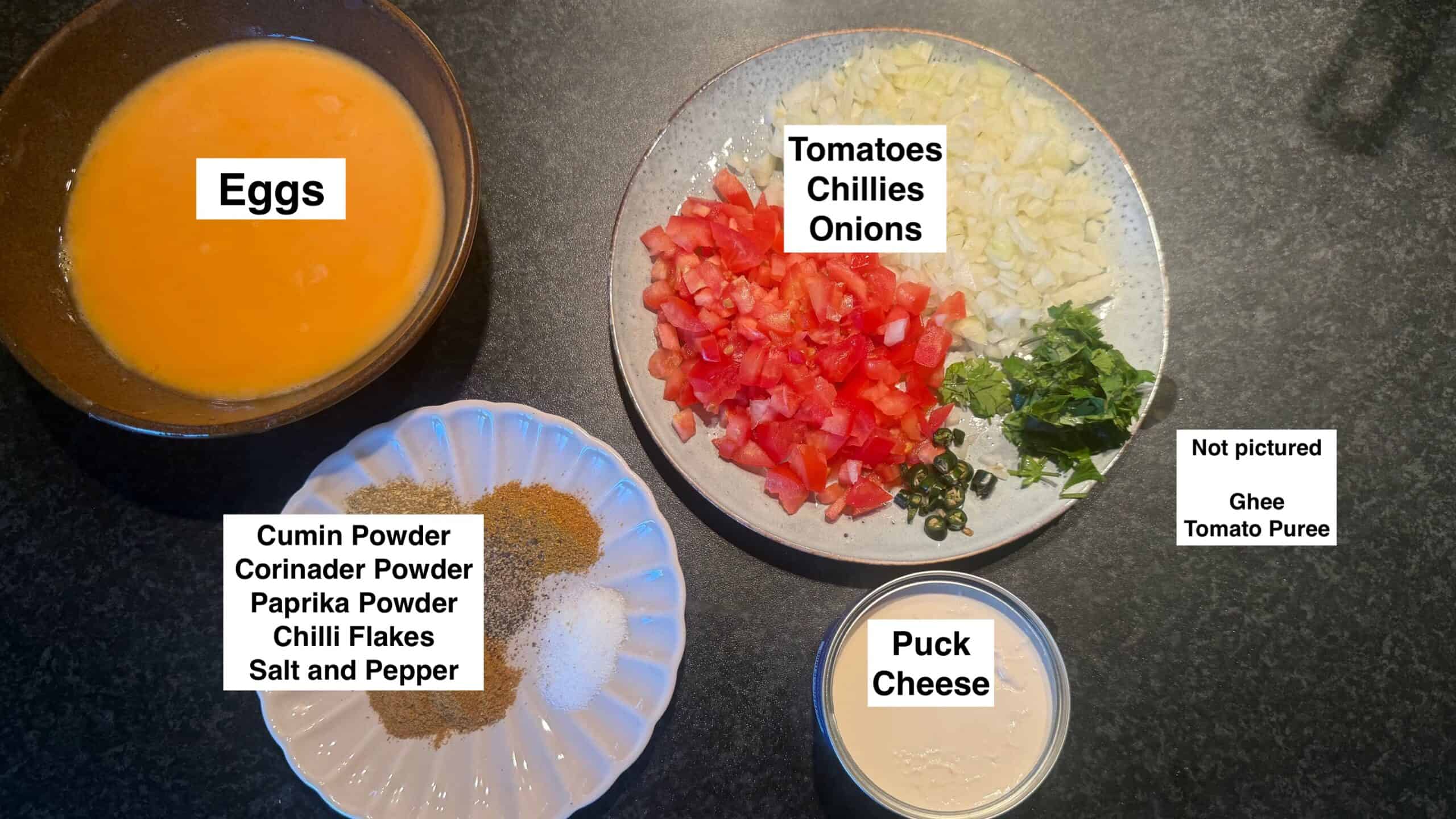 Yemeni Lahsa – Creamy Cheesy Eggs Ingredients for lahsa on table