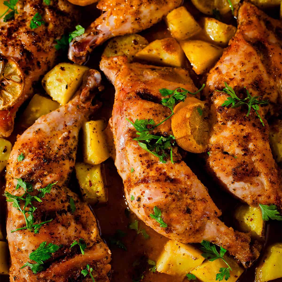 Lebanese Potato and Chicken Traybake with Lemon Garlic Sauce CHicken and Potatoes in tin