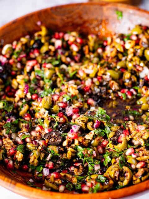 Olive, Walnut and Pomegranate Salad in large bowl
