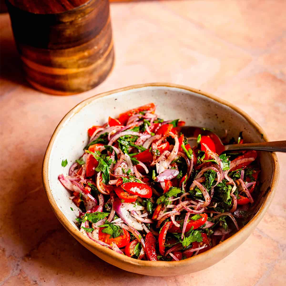 Authentic Turkish Tomato, Parsley and Red Onion salad Turkish tomato, parsley and onion in bowl