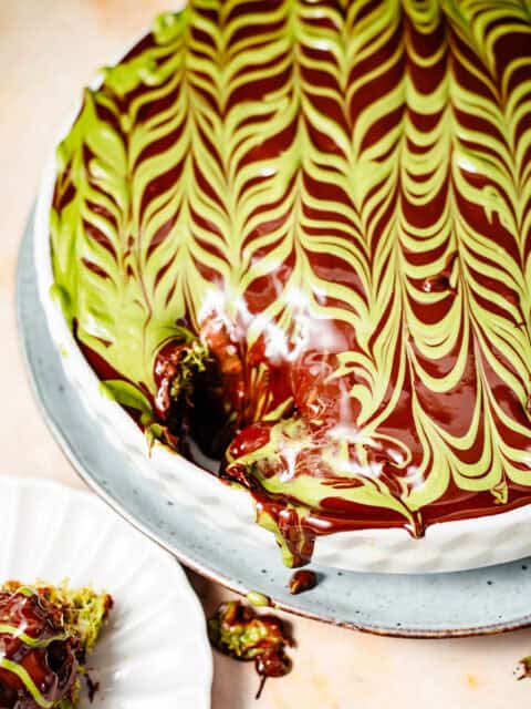 Chocolate pistachio dessert in dish