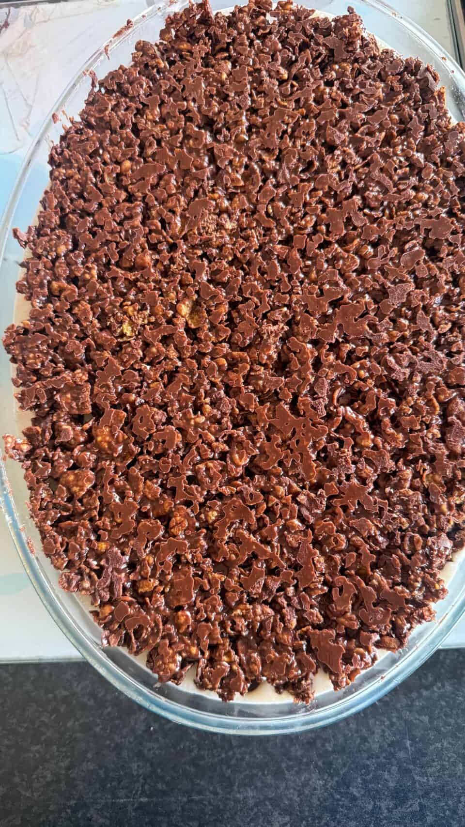 Dessert topped with cornflakes in dish