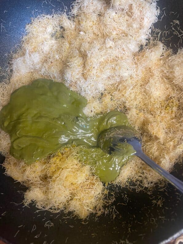 Pistachio creme added to kataifi pastry