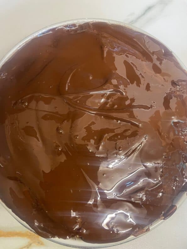 Chocolate layer on top of kataify layer in dish