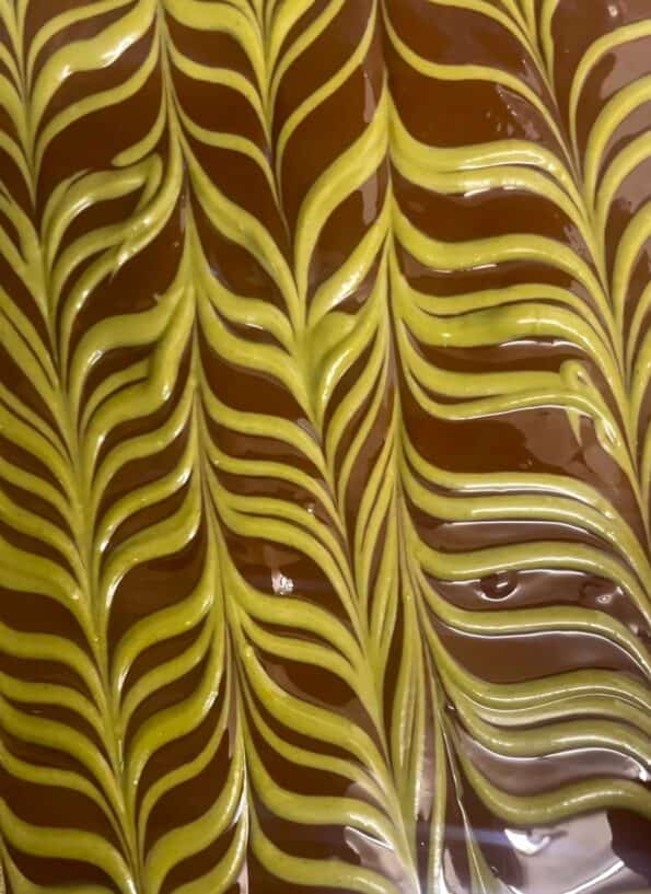 Feathered Pistachio on top of chocolate