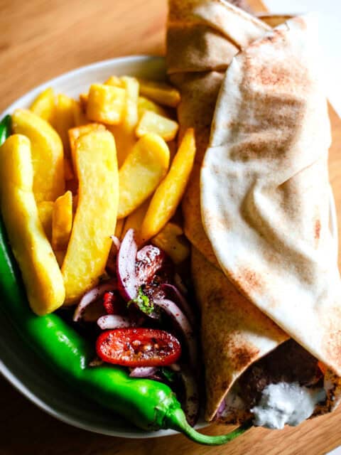 Kebab, Salad and Chips in plate