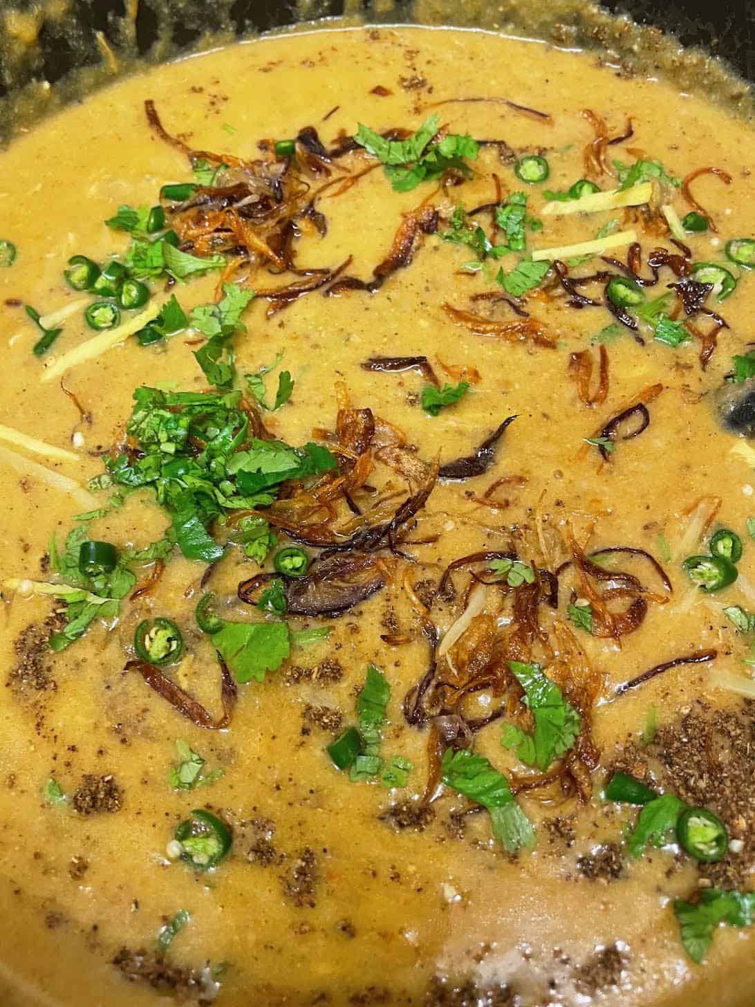 Authentic slow cooked Chicken Haleem Haleem with toppings in pot
