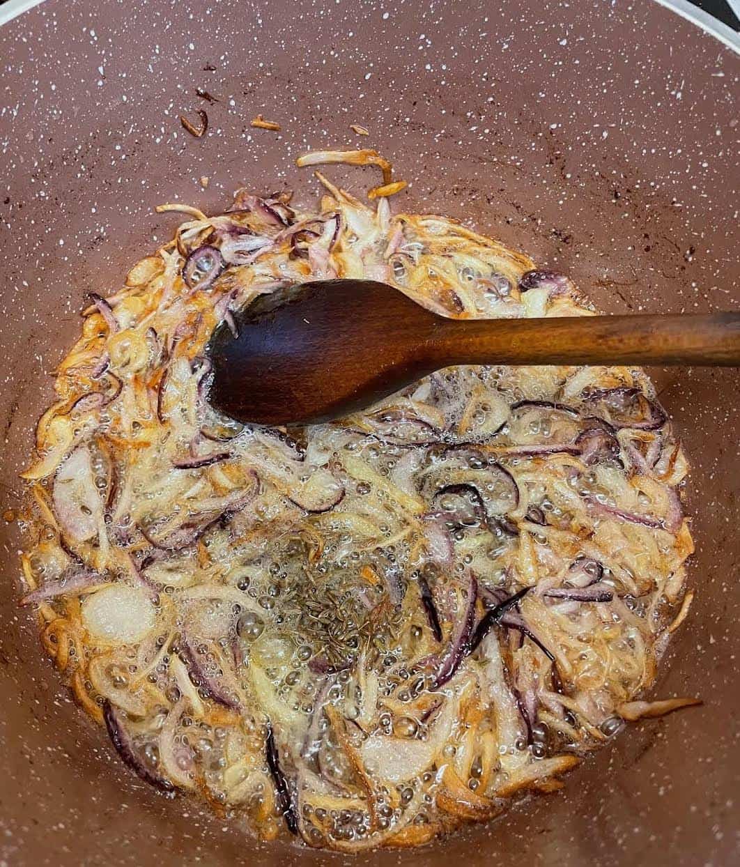 Authentic slow cooked Chicken Haleem Browned Onions in pot