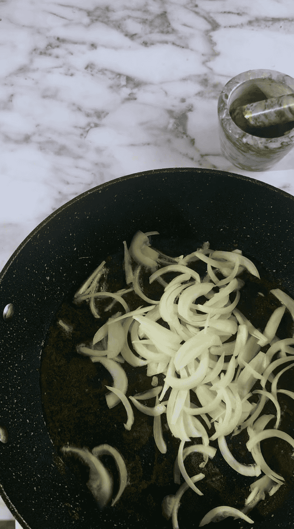 Fesenjan Recipe (Persian Chicken Stew) Onions added to pan