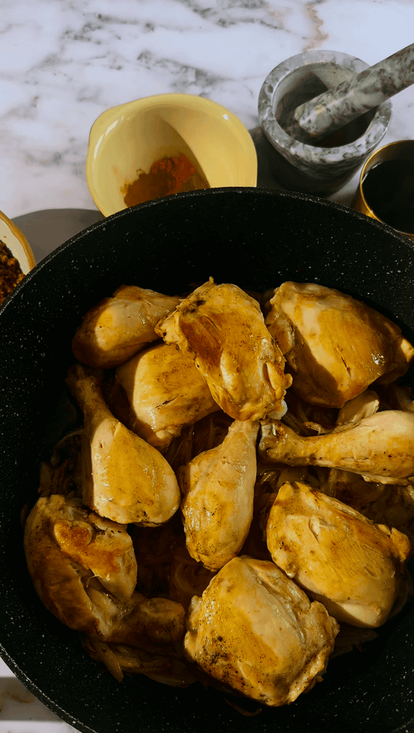 Fesenjan Recipe (Persian Chicken Stew) Chicken added to pan