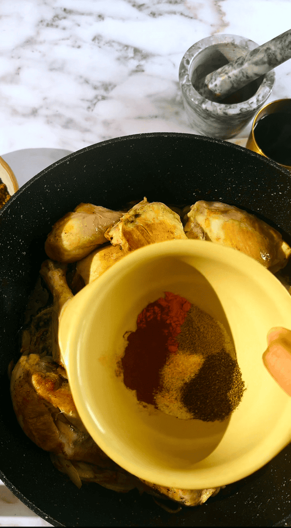 Fesenjan Recipe (Persian Chicken Stew) Spices added to pan