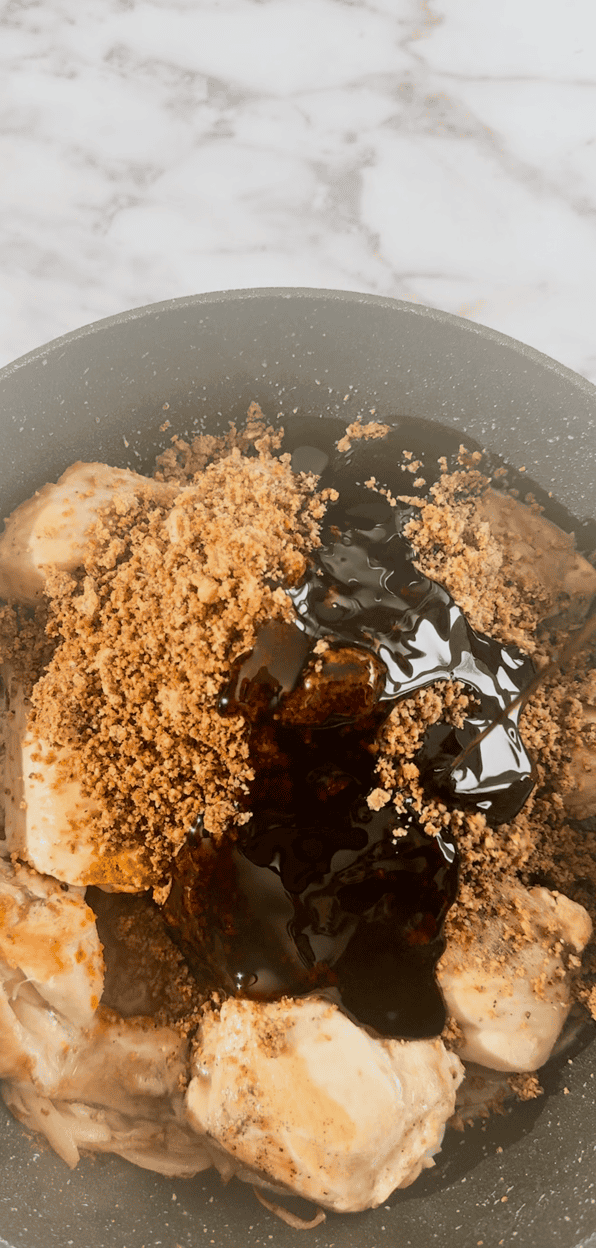 Fesenjan Recipe (Persian Chicken Stew) Walnuts and Pomegranate Molasses added to pan