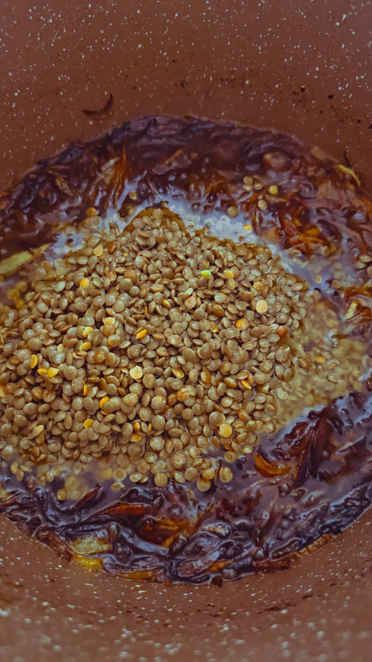 How To Make Mujadara Hamra (Authentic Lebanese Recipe) Lentils added to pot