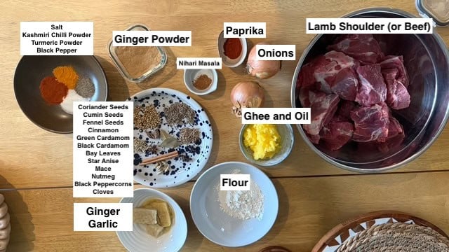 Authentic Pakistani Nihari (Slow-Cooked Lamb or Beef Nihari) NIhari ingredients on table