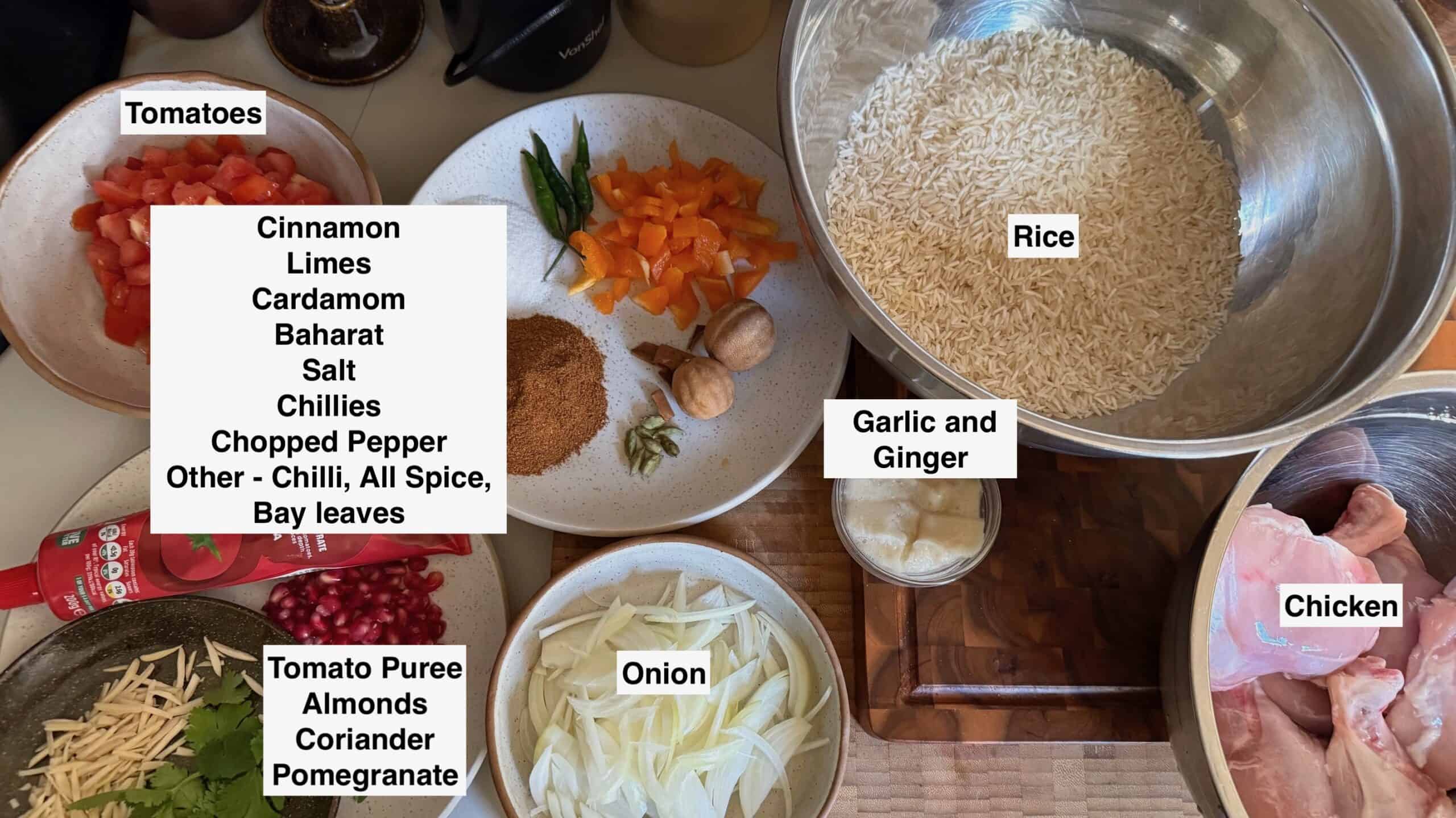 Kabsa (Machboos): the Middle East’s iconic Chicken and Rice Dish Ingredients on table