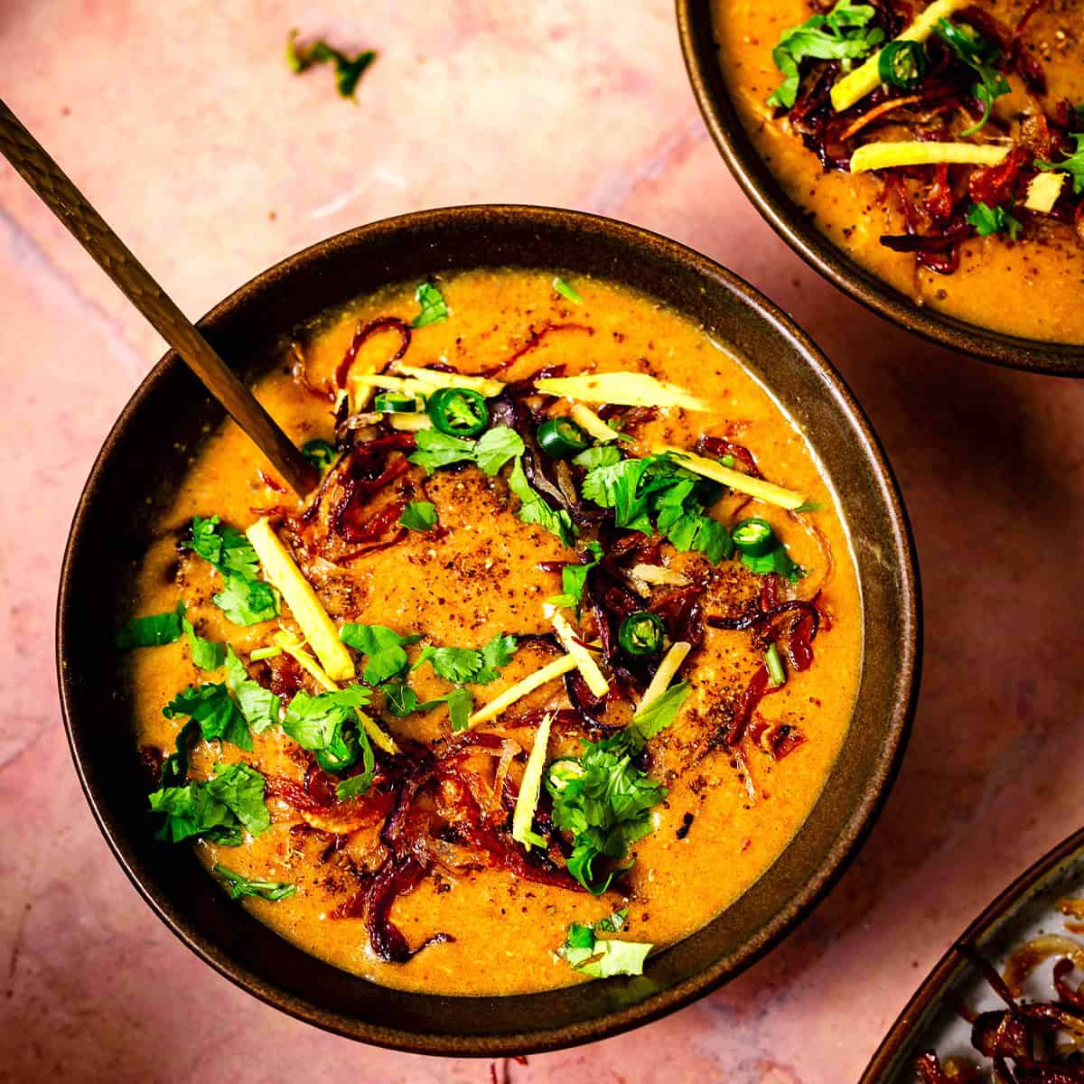 Authentic slow cooked Chicken Haleem Chicken Haleem in bowl with toppings