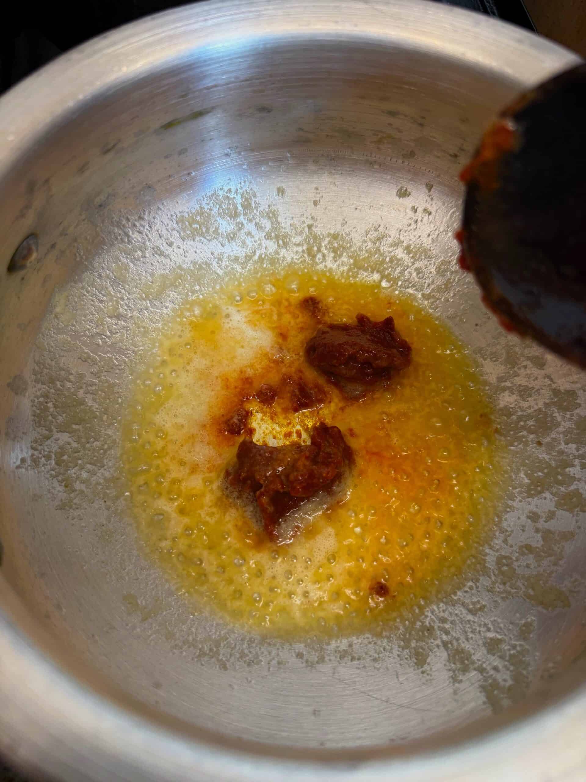 Turkish Orzo Soup (Şehriye Çorbası) Butter, Oil and Puree in a pot