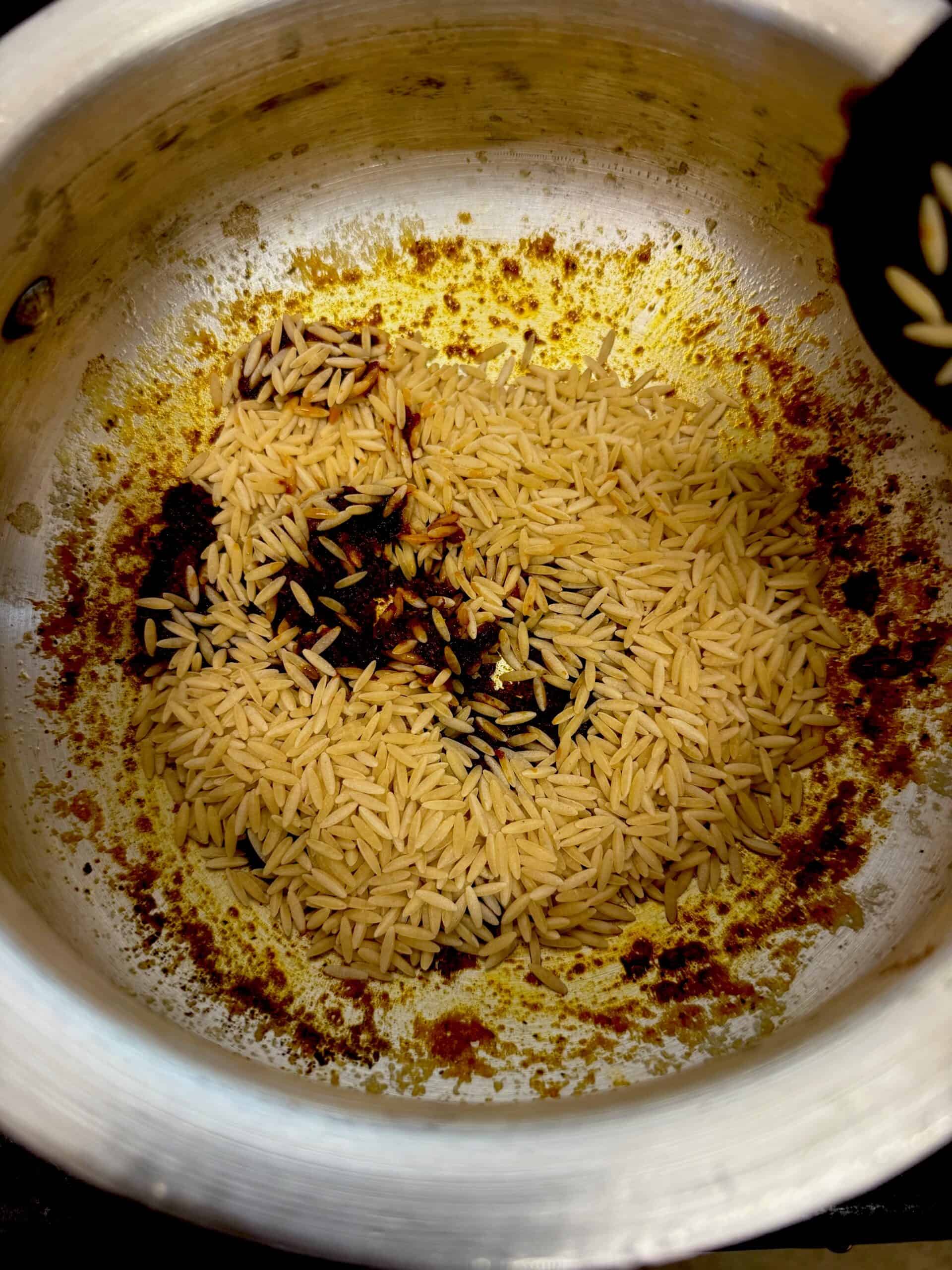Turkish Orzo Soup (Şehriye Çorbası) Orzo added to pot