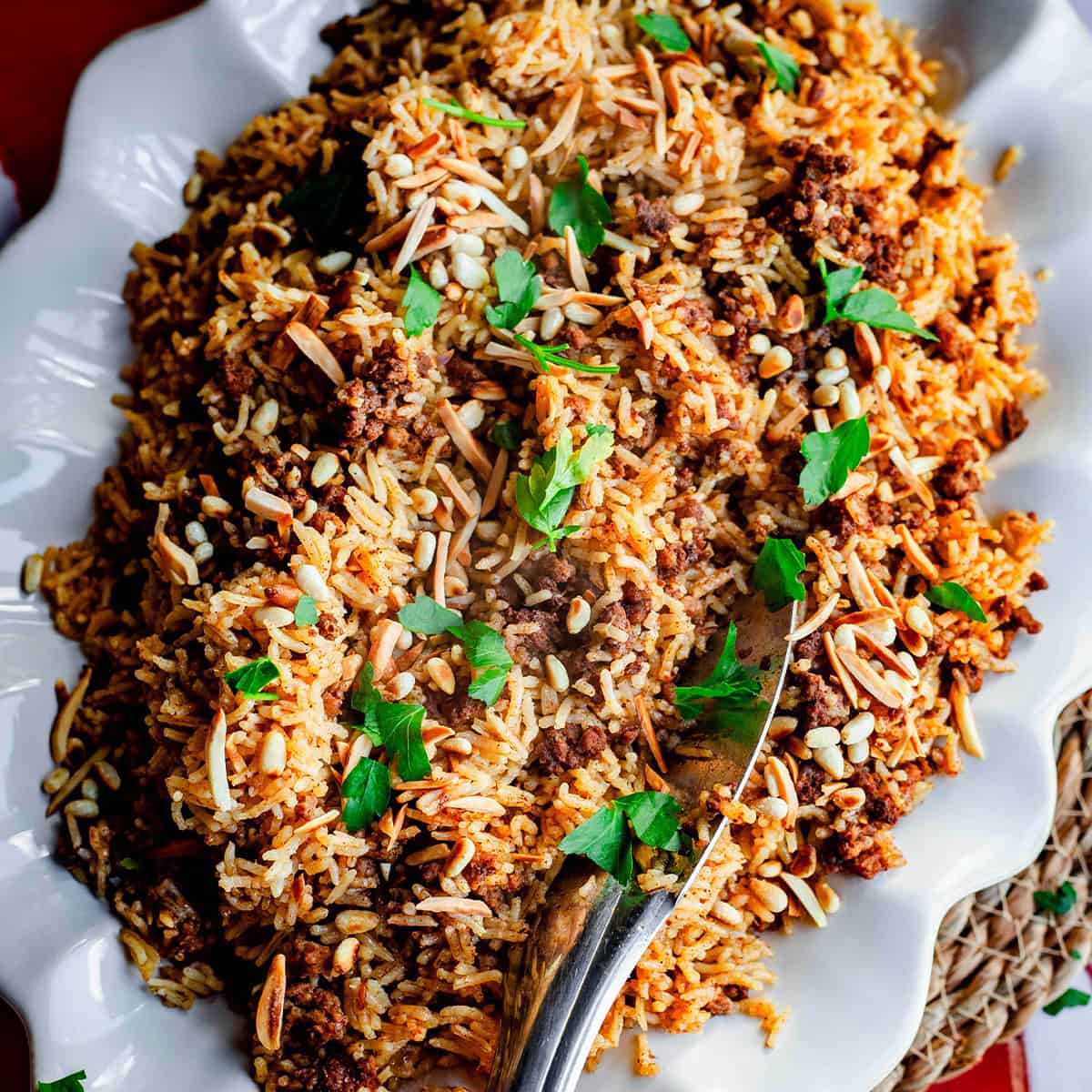 Lebanese Hashweh - Spiced Rice with Minced Lamb and Nuts Lebanese Hashweh in dish